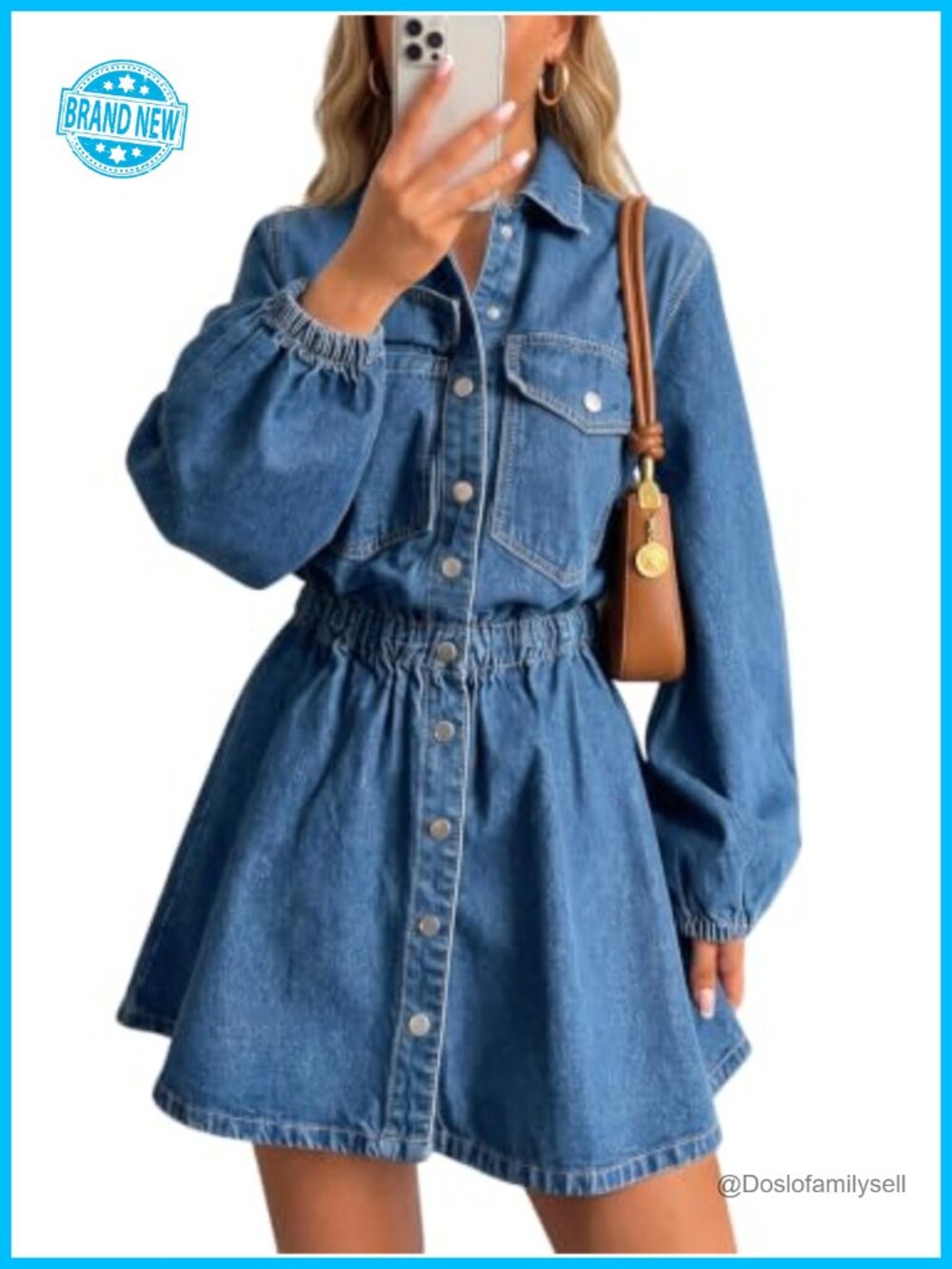 Denim Mini Dress Long Sleeve Button Down Cinched Waist Casual